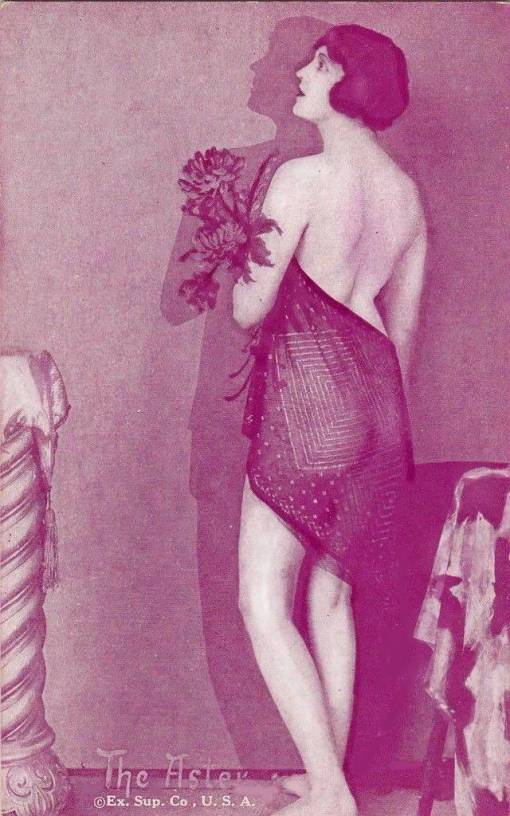 arcade-card-exhibit-supply-company-woman-standing-profile-with-bobbed-hair-and-sheer-wrap-flower-series-the-aster-1920s