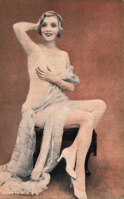 B ARCADE CARD - EXHIBIT SUPPLY COMPANY- PIN UP - BLOND WITH BOBBED HAIR SITTING NUDE WITH SOME LACE DRAPED AROUND HER - TINTED - 1920s